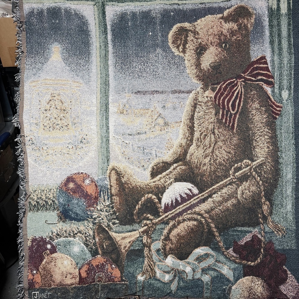 Janet Kruskamp Christmas Teddy Bear Tapestry Throw Blanket Woven Fringe Holiday
